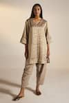 Buy_Shorshe Clothing_Grey Handloom Tissue Printed Stripe V Neck Kurta Set _at_Aza_Fashions