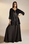 Buy_Shorshe Clothing_Black Kurta Velvet Embroidery Floral Notched Saifi And Gharara Set _at_Aza_Fashions