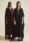 Shorshe Clothing_Black Chiffon Embroidery Floral V Neck Placket Kaftan _Online_at_Aza_Fashions