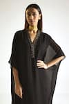 Shorshe Clothing_Black Chiffon Embroidery Floral V Neck Placket Kaftan _at_Aza_Fashions