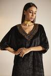 Shop_Shorshe Clothing_Black Silk Velvet Embroidery Floral V Neck Noor Kaftan _Online_at_Aza_Fashions