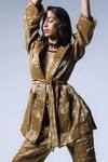 Shop_Shorshe Clothing_Gold Handloom Tissue Striped Pattern Oversized Blazer And Pant Set_Online_at_Aza_Fashions