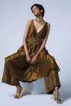 Buy_Shorshe Clothing_Gold Handloom Tissue V Neck Tent Goa Asymmetric Hem Dress _Online_at_Aza_Fashions