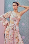 Krisha sunny Ramani_Pink Modal Satin Embroidered Crystal One Shoulder Cut-out Embellished Jumpsuit _Online_at_Aza_Fashions