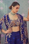 Krisha sunny Ramani_Blue Cape Georgette Printed Sequin Cape Open Jhumka Sharara Set _Online_at_Aza_Fashions