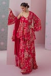 Shop_Krisha Sunny Ramani_Fuchsia Crepe, Georgette Beads, Embroidery V-neck Jhumka Print Cape Sharara Set _Online_at_Aza_Fashions