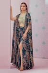 Krisha Sunny Ramani_Green Crepe, Georgette Sequins, Beads Round Neck Jhumka Print Cape Skirt Set _Online_at_Aza_Fashions