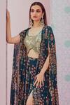 Buy_Krisha Sunny Ramani_Green Crepe, Georgette Sequins, Beads Round Neck Jhumka Print Cape Skirt Set _Online_at_Aza_Fashions