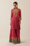 Shrutkirti_Pink Chanderi Silk Embroidered Aari Round Kurta Sharara Set  _Online_at_Aza_Fashions