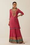 Buy_Shrutkirti_Pink Chanderi Silk Embroidered Aari Round Kurta Sharara Set  _Online_at_Aza_Fashions