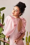 Sonam Parmar Jhawar_Pink Shimmer Silk Checkered Pattern Julianna Balloon Sleeve Dress  _Online_at_Aza_Fashions