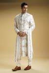 Shop_Kommal Sood_Off White Silk Dupion Embroidered Floral Flower Sherwani Set  _Online_at_Aza_Fashions