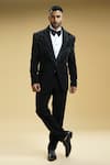 Buy_Kommal Sood_Black Kupro Embroidered Cutdana Tuxedo Set With Bow-tie _Online_at_Aza_Fashions