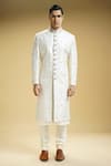 Buy_Kommal Sood_Off White Cotton Silk Embroidered Floral Flower Sherwani Jacket Set  _Online_at_Aza_Fashions