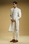 Kommal Sood_Off White Silk Dupion Embroidered Floral Jaali Sherwani Set With Stole  _at_Aza_Fashions