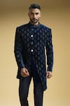 Buy Kommal Sood Blue Velvet, Kota Doria Embroidery Peacock Motif Achkan And Trouser Set Online at Aza Fashions Buy_Kommal Sood_Blue Velvet, Kota Doria Embroidery Peacock Motif Achkan And Trouser Set _Online_at_Aza_Fashions