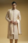 Kommal Sood_Beige Silk, Cotton Mirrors, Embroidery Sequin And Flower Sherwani Set _Online_at_Aza_Fashions