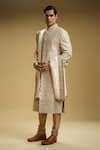 Buy_Kommal Sood_Beige Silk, Cotton Mirrors, Embroidery Sequin And Flower Sherwani Set _Online_at_Aza_Fashions