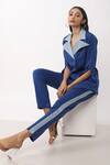Buy Veera Wear Blue Crepe Split V-neck Overlap Shirt And Pant Set at Aza Fashions Buy_Veera Wear_Blue Crepe Split V-neck Overlap Shirt And Pant Set_at_Aza_Fashions