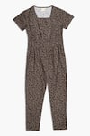 Reistor_Brown Poplin Printed Floral Square Neck Spotted Overlap Jumpsuit  _Online_at_Aza_Fashions