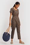 Buy_Reistor_Brown Poplin Printed Floral Square Neck Spotted Overlap Jumpsuit  _Online_at_Aza_Fashions