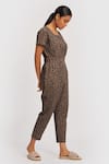 Shop_Reistor_Brown Poplin Printed Floral Square Neck Spotted Overlap Jumpsuit  _Online_at_Aza_Fashions