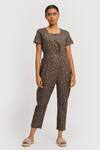 Reistor_Brown Poplin Printed Floral Square Neck Spotted Overlap Jumpsuit  _at_Aza_Fashions