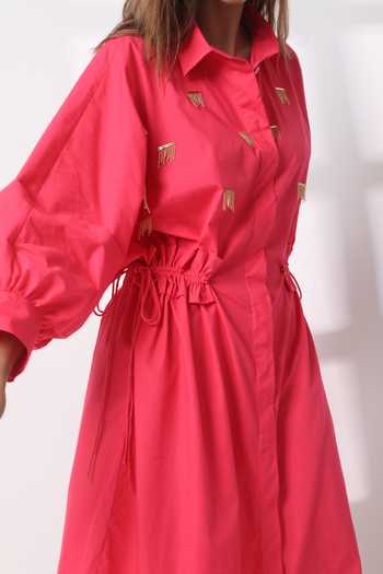 Studio Moda India_Pink Cotton Collared Dale Batwing Sleeve Dress _Online_at_Aza_Fashions