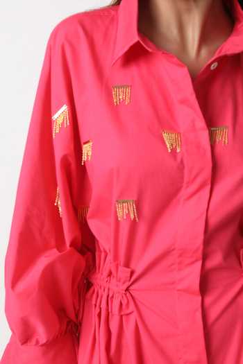 Shop_Studio Moda India_Pink Cotton Collared Dale Batwing Sleeve Dress _Online_at_Aza_Fashions