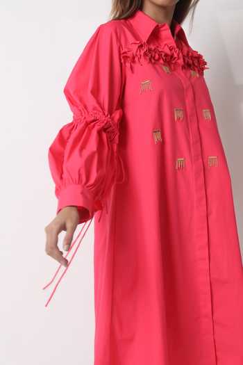 Studio Moda India_Pink Cotton Embroidery Collared Zephyrus Puff Sleeve Dress _Online_at_Aza_Fashions