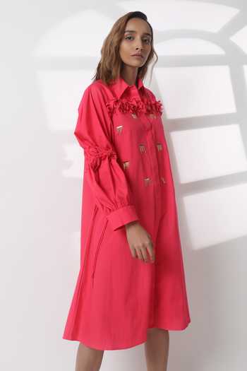Buy_Studio Moda India_Pink Cotton Embroidery Collared Zephyrus Puff Sleeve Dress _Online_at_Aza_Fashions