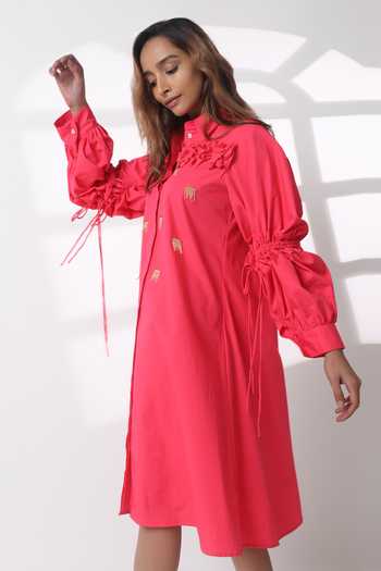 Shop_Studio Moda India_Pink Cotton Embroidery Collared Zephyrus Puff Sleeve Dress _Online_at_Aza_Fashions