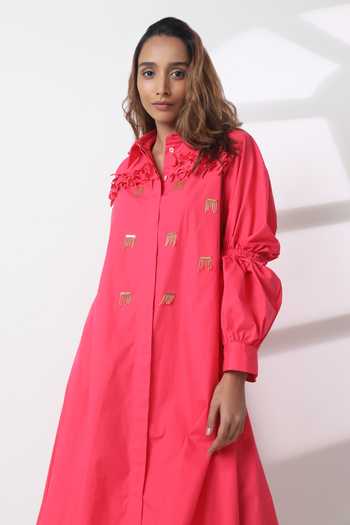 Studio Moda India_Pink Cotton Embroidery Collared Zephyrus Puff Sleeve Dress _at_Aza_Fashions