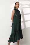 Studio Moda India_Green Cotton Shawl Neck Flutter Pleated A-line Dress _Online_at_Aza_Fashions