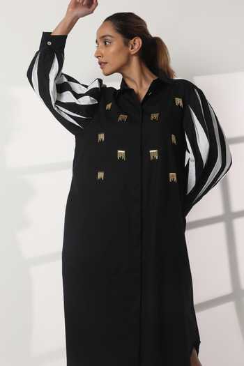 Studio Moda India_Black Cotton Chains Pleated Sleeve Flow Dress _Online_at_Aza_Fashions