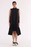 Shop_Studio Moda India_Black 100% Cotton Woven And Pleated Shirt Collar Dress _Online_at_Aza_Fashions