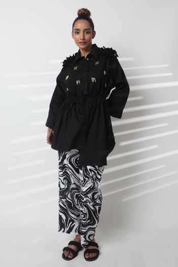 Studio Moda India_Black Cotton Embroidery Collared Sway Work Drawstring Shirt _Online_at_Aza_Fashions