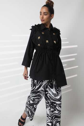 Buy_Studio Moda India_Black Cotton Embroidery Collared Sway Work Drawstring Shirt _Online_at_Aza_Fashions
