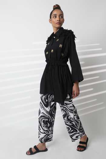 Shop_Studio Moda India_Black Cotton Embroidery Collared Sway Work Drawstring Shirt _Online_at_Aza_Fashions