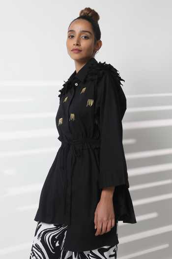 Studio Moda India_Black Cotton Embroidery Collared Sway Work Drawstring Shirt _at_Aza_Fashions