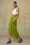 Style Junkiie_Green Crepe Asymmetric Hem Draped Skirt  _Online_at_Aza_Fashions