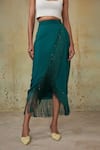 Style Junkiie_Green Crepe Beads, Fringe Asymmetric Wrap Skirt _at_Aza_Fashions