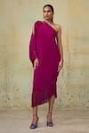 Style Junkiie_Magenta Satin Embroidered Ruching One Shoulder Draped Dress  _Online_at_Aza_Fashions