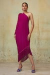 Buy_Style Junkiie_Magenta Satin Embroidered Ruching One Shoulder Draped Dress  _Online_at_Aza_Fashions