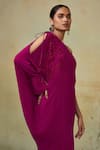 Style Junkiie_Magenta Satin Embroidered Ruching One Shoulder Draped Dress  _at_Aza_Fashions