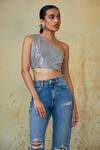 Buy_Style Junkiie_Silver Sequinned Embellished One Shoulder Crop Top  _Online_at_Aza_Fashions