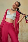 Shop_Style Junkiie_Pink Self Pattern Georgette Embellished Fringes Open Asymmetric Cape _Online_at_Aza_Fashions