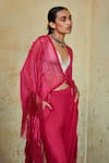 Style Junkiie_Pink Self Pattern Georgette Embellished Fringes Open Asymmetric Cape  _at_Aza_Fashions