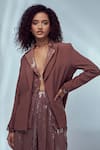 Buy_Style Junkiie_Brown Crepe Embroidered Glass Beads Spread Collar Oversized Blazer  _Online_at_Aza_Fashions