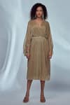 Style Junkiie_Gold Shimmer Knit Mirror V Neck Midi Dress With Tie-up Belt  _Online_at_Aza_Fashions